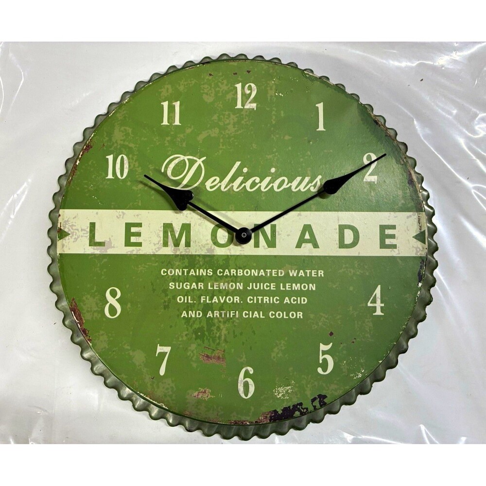 Green/White Lemonade Bottle Cap Metal Wall Clock 14in Analog Quartz Arabic